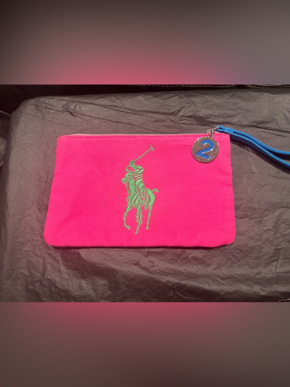 Ralph Lauren Hot Pink Canvas Wristlet with Green Polo Logo